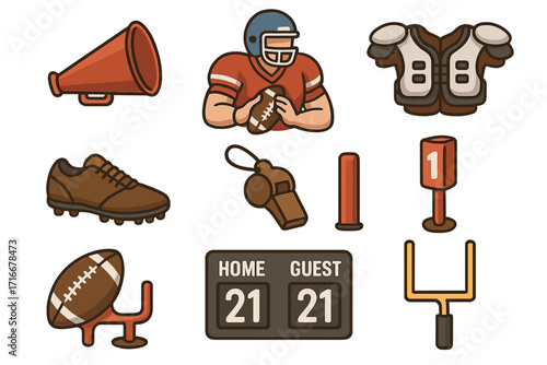 American football sports icon set. Vector cartoon illustration with player, ball, helmet, pads, cleat, whistle, scoreboard, and goalpost on transparent background.