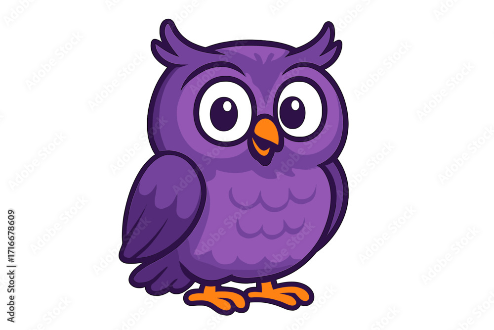 Fototapeta premium Cute purple owl cartoon character. Vector illustration of a funny, happy bird with big eyes. Adorable kawaii animal mascot design element isolated on white background. Graphic for kids.