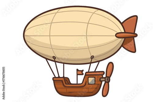 Steampunk airship cartoon vector illustration. Fantasy retro zeppelin or blimp flying. Adventure travel and transportation concept design. Vintage wooden aircraft isolated.