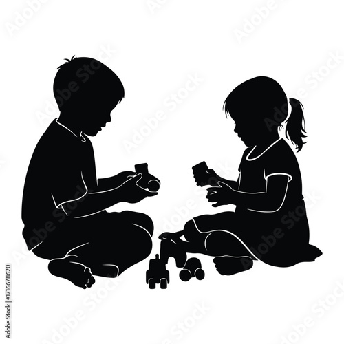 Children playing with blocks toys silhouette