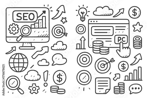SEO & Pay per Click doodle icon set. Vector illustration. Digital marketing strategy. PPC advertising concept. Search engine optimization symbols. Business analytics growth.