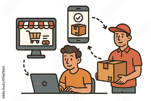 Online shopping and delivery service vector concept. E-commerce business process management, from customer order to courier shipping. Digital store and logistics workflow.