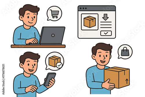 Business process management. Man buys with laptop. Online shopping and e-commerce. Tracking package on phone. Customer receives delivery. Logistics vector illustration set.