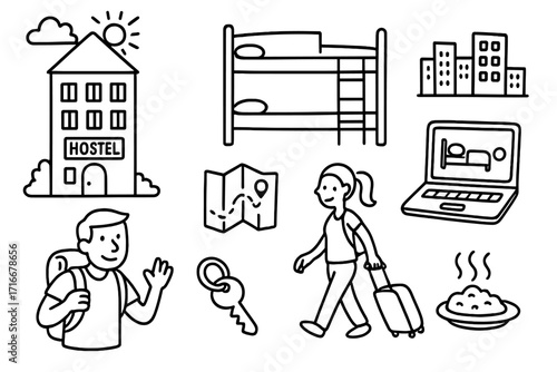 Hostel travel icon set line art collection. Vector doodle illustration for backpacking, tourism and budget accommodation. Man and woman traveler with backpack and luggage.