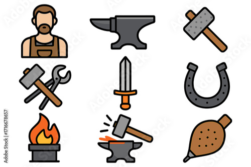 Blacksmith icon set. Forge and metalwork tools collection. Vector icons of anvil, hammer, horseshoe, sword, fire, bellows. Farrier and ironwork equipment for handmade craft.