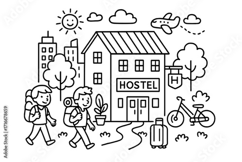 Hostel travel illustration. Backpackers couple arriving at city accommodation. Tourism and vacation concept. Budget travel journey line art. Doodle cartoon vector of tourists.