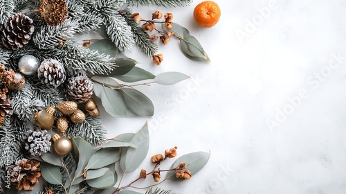 Festive christmas composition with fir branches, pine cones, eucalyptus leaves, and ornaments isolated on white background top view, copy space