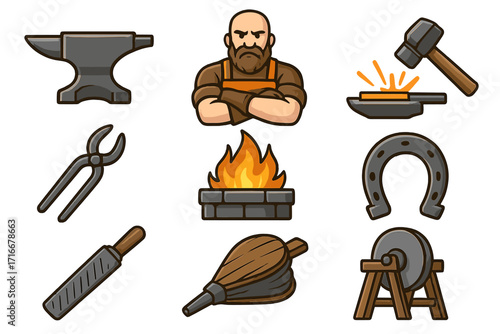 Blacksmith tools icon set. Smithy character and equipment for metalwork. Forge, anvil, hammer, horseshoe, tongs, bellows. Metal work, ironwork. Cartoon vector illustration.
