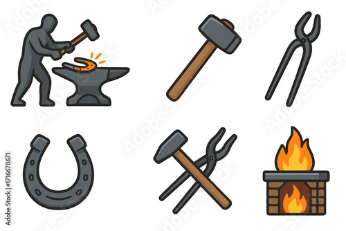 Blacksmith icon set vector illustration. Smithy and farrier tools collection. Forge, anvil, hammer, tongs and horseshoe. Metalworking, ironwork and handmade craft symbols.