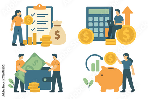 Financial management concept illustration set. People saving money, investing for growth. Budget planning, income, and wealth accumulation vector. Personal finance and banking.