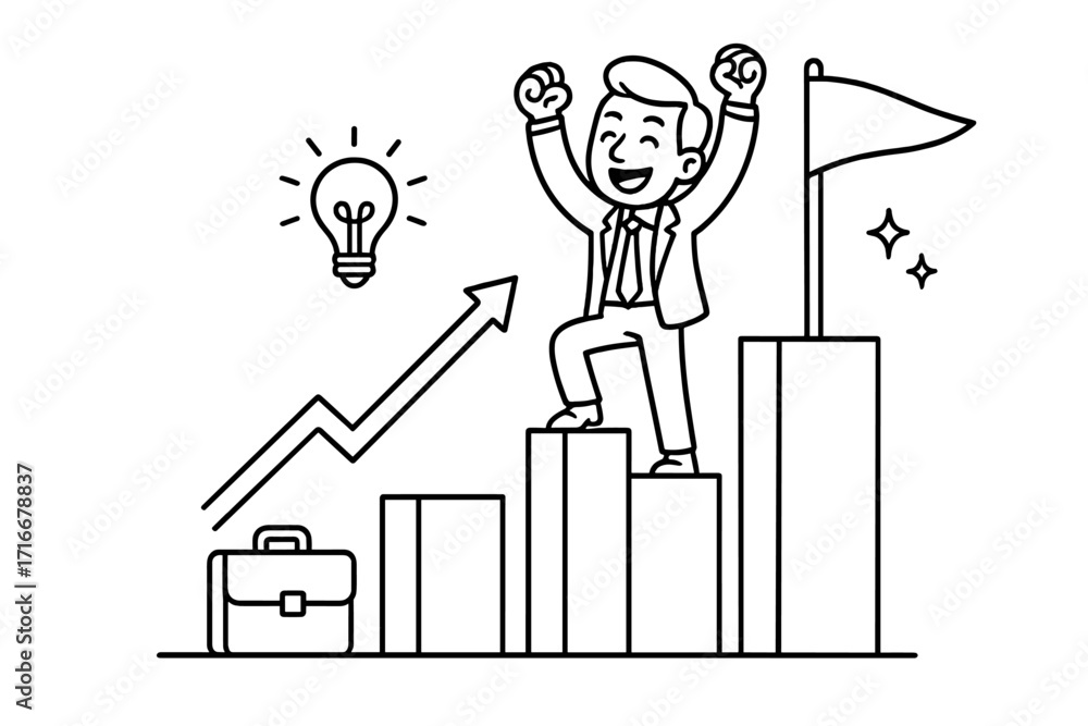 Obraz premium Businessman celebrating success on a growth chart. Vector line art concept of career development, achievement, and reaching goals. Man climbing financial progress bar graph.