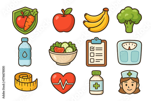 Healthy lifestyle icon set. Nutrition, diet, and fitness concept. Vector cartoon illustration with food, medical, and wellness symbols. Weight loss and health care elements.