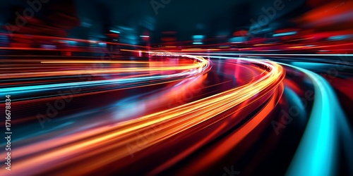 Vibrant neon light trails create a mesmerizing futuristic effect in this dynamic digital illustration. AIG62

