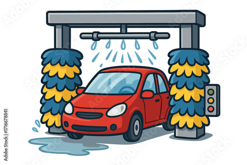 Car wash service flat vector illustration. Red automobile in an automatic carwash with rotating brushes and water spray. Vehicle cleaning transport and maintenance concept.