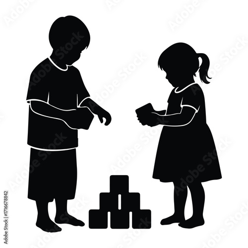 Children playing with blocks toys silhouette