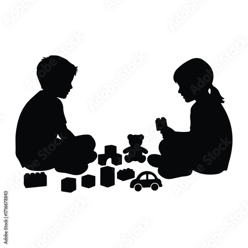 Children playing with building blocks and toys silhouette
