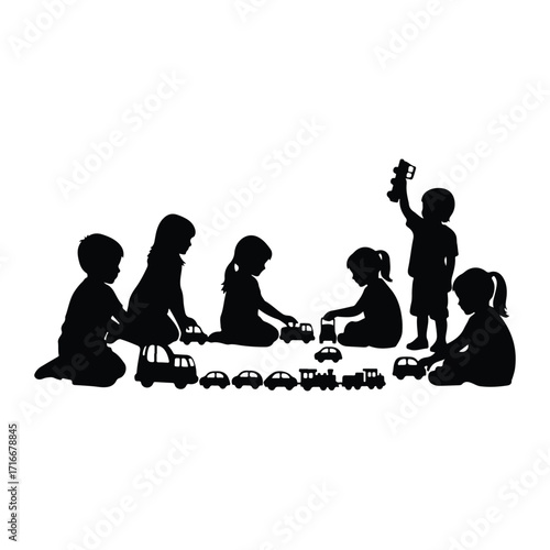 Children playing with toy cars and train silhouettes