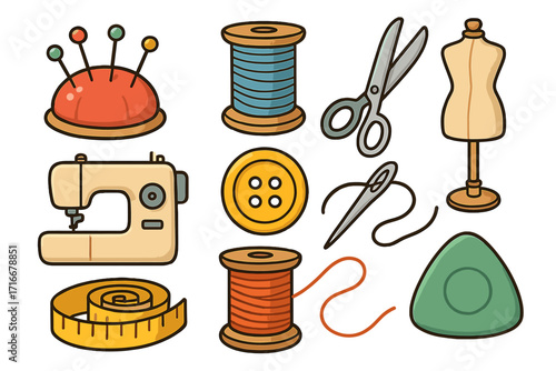 Sewing and tailoring tools icon set. Vector cartoon illustration of needlework supplies like a sewing machine, thread, scissors, mannequin, and button for craft projects.