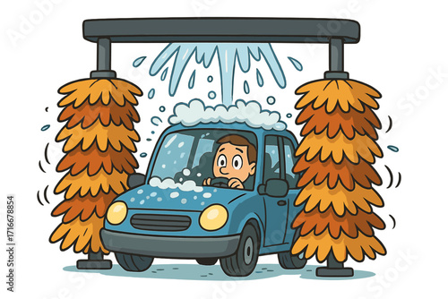 Man driving car through automatic car wash service. Cartoon vector illustration of vehicle cleaning process with water and soap foam. Automobile maintenance and care concept.