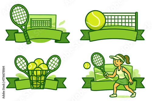 Tennis sport emblem set vector collection. Cartoon logo illustration with racket, ball, net and player. Woman athlete playing match. Game tournament championship icon badge.
