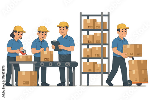 Warehouse workers in collaboration. Teamwork in logistics and distribution center. People packing boxes on conveyor belt, shipping and handling parcels for delivery. Cartoon.