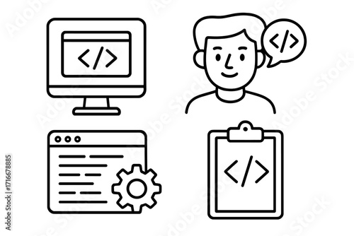 Software development line icon set. Programmer, coding, and web technology concepts. Vector icons of a developer character, computer screen, application settings, and HTML code.