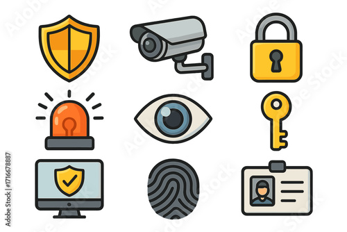 Security icon set. Concept of safety, protection, surveillance. Includes shield, cctv camera, lock, key, fingerprint, alarm, ID card. Vector illustration for web and data.