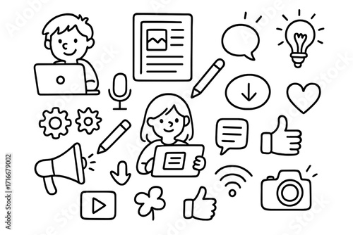 Social media marketing doodle set. Hand drawn cartoon icons for content creation, blogging, and digital business. Vector line art illustration of influencer strategy elements.