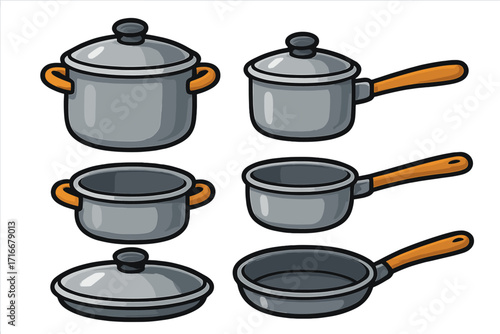 Cookware set vector cartoon illustration. Kitchen utensils icon collection with pot, pan, saucepan, and lid. Cooking equipment for home kitchen, restaurant, or cafe menu design.