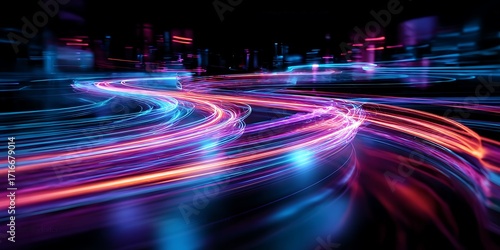 City night traffic blurs light streaks along the highway as fast cars create a dynamic motion of urban transport