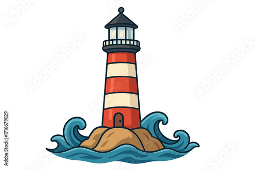 Cartoon lighthouse on a rocky island in the sea. Vector illustration of a nautical beacon with waves. Symbol for safety, guidance, navigation, hope, and direction.