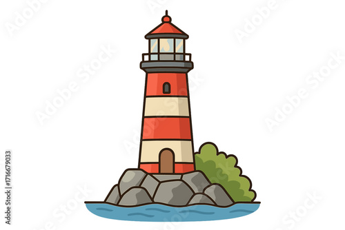 Lighthouse on the rocks by the sea. Vector cartoon illustration for maritime and nautical themes. Beacon of hope, safety, and guidance. Coastal landmark for navigation.