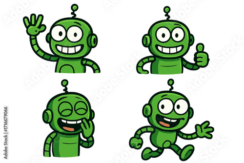 Cute green robot character set with various emotions and poses. Vector cartoon mascot for technology. Waving, thumbs up, laughing, and running poses. Isolated collection.