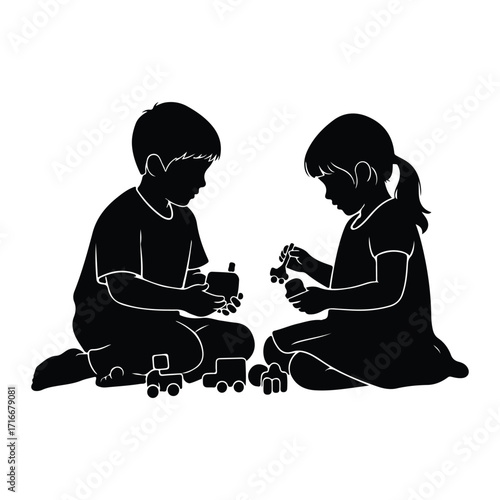 Children playing with toys silhouette black and white