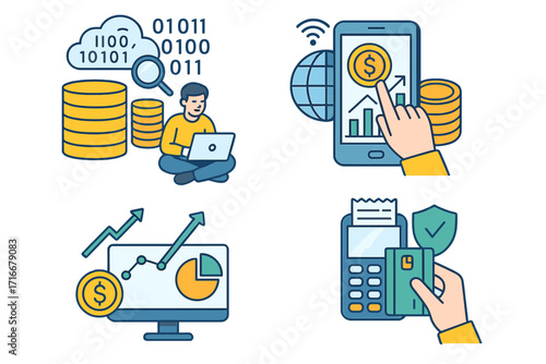 Fintech icon set. Financial technology, big data management, mobile banking, stock market analysis, secure payment. Cloud computing, online investment growth, POS transaction.