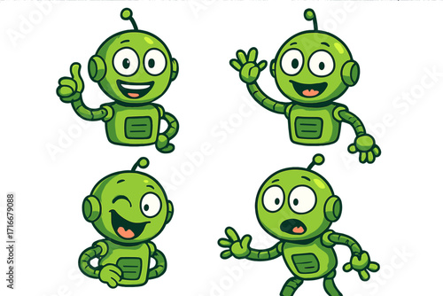 Cute green robot character mascot set with various emotions and poses. Cartoon android bot waving, giving thumbs up, winking, and surprised. Vector illustration pack.