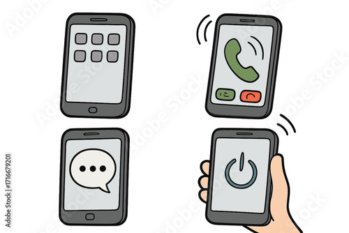 Smartphone functions icon set vector cartoon illustration. Mobile phone collection with app screen, incoming call, chat message bubble, and power button symbol. Communication.