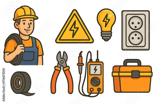 Electrician icon set for construction and repair service. Vector cartoon illustration of a worker, tools, and electrical equipment like multimeter, pliers, socket, and sign.