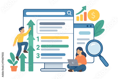 SEO optimization and digital marketing concept. Man climbing search engine ranking arrows. Woman with laptop doing keyword research. Business growth and success analytics.