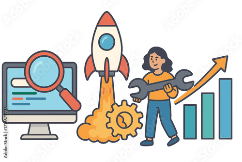 Website optimization for business growth. SEO analysis, startup launch concept. Woman with wrench fixing site for better performance. Rocket boost, analytics graph vector.