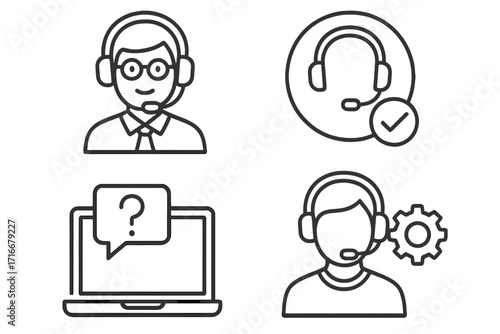 Call center and customer service thin line icon collection. Helpdesk operator, technical support agent, online assistance, and hotline vector symbols for web and mobile.