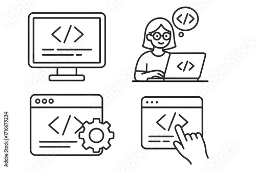 Coding and programming line icon set. Software developer and web development concepts. Computer screen, female programmer, application and website engineering vector icons.