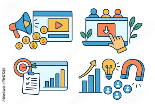 Digital marketing strategy vector icon set. Business growth, lead generation, customer attraction with magnet. Video monetization, goal setting, data analysis concept illustration.