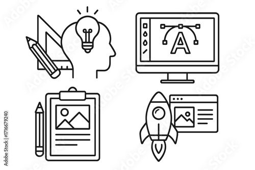 Creative process icon set. From idea to project launch. Graphic design workflow, startup business concept. Vector creation, web development, content planning line art illustration.