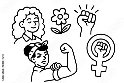 Woman power doodle concept set. Vector cartoon illustration collection. Feminism symbols, girl power icons. Female protest, gender equality signs. Empowerment graphic elements.