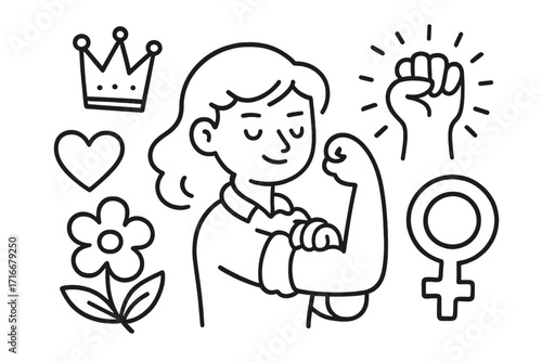 Woman power doodle icon set. Girl power vector cartoon illustration. Strong woman flexing bicep muscle. Feminism and gender equality symbols. Raised fist, crown, heart icons.