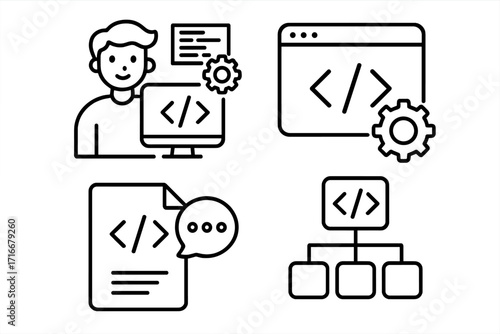 Software development line icon set. Programmer coding on computer. Web developer, sitemap structure, code review, and API integration. Vector icons for app development.