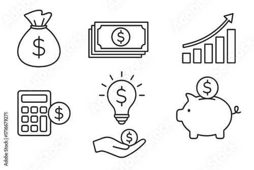 Finance and money line icon set. Business investment, savings, and profit concepts. Vector outline illustration of piggy bank, money bag, cash, calculator, and growth chart.
