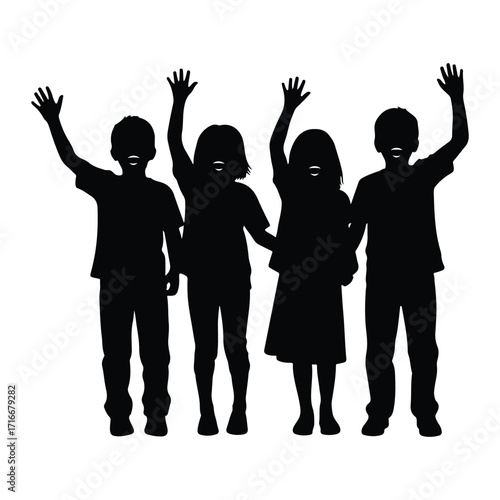 Children raising hands together silhouette togetherness