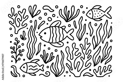 Abstract sea life doodle background. Hand drawn contour line art with fish, coral, and seaweed. Simple modern underwater pattern for summer print, fabric, or wallpaper design.
